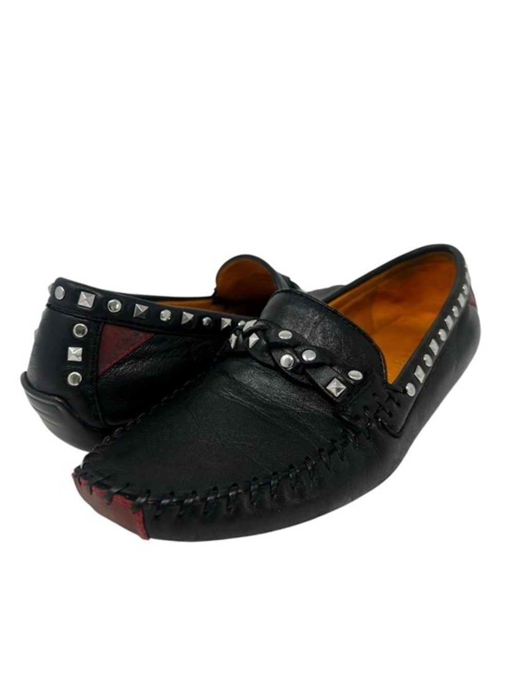 Robert Zur Black Leather Studded Slip-On Loafers with Red Accents